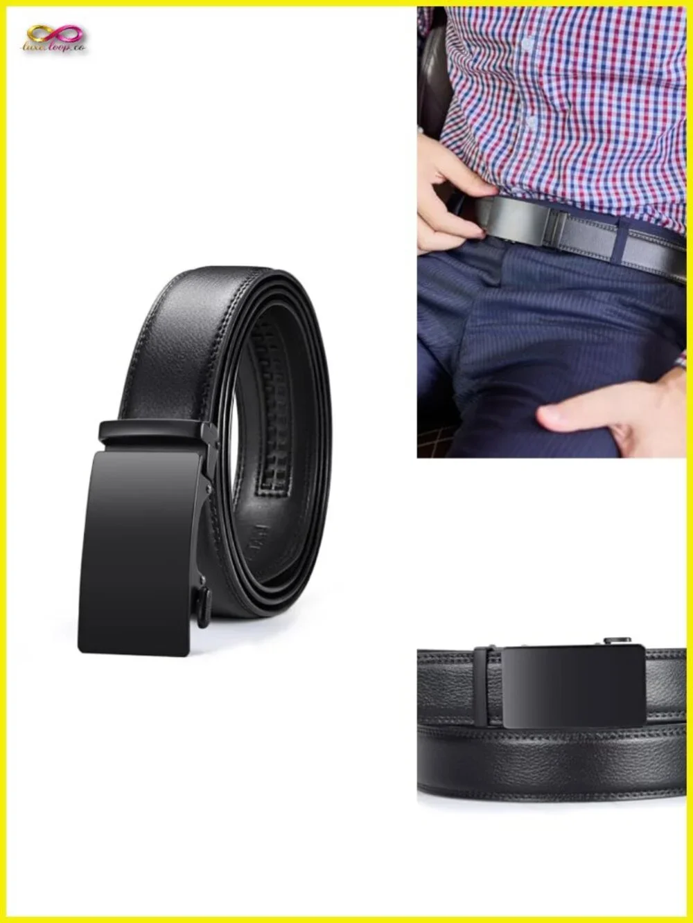 Genuine Leather Ratchet Belt with Adjustable Buckle Trim to Fit